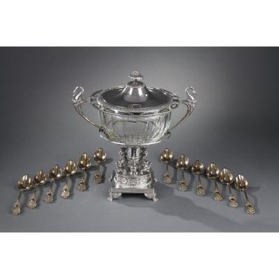19th Century Large Silver And Cut-crystal Confiturier,with 12 Spoons. Restauration Period.