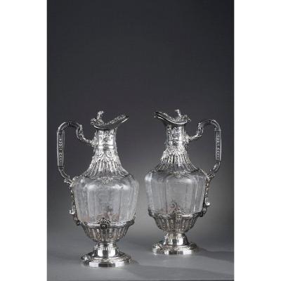 19th Century Silver Pair Of Ewer And Crystal Engraved.