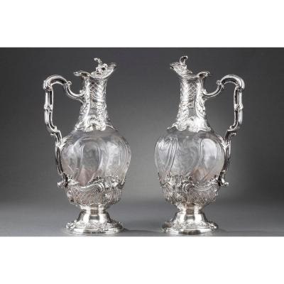 19th Century Pair Of Silver Ewers And Engraved Crystal.