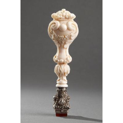 A Dieppe Ivory Desk Seal With Silver And Agate. Mid 19th Century. Restauration.