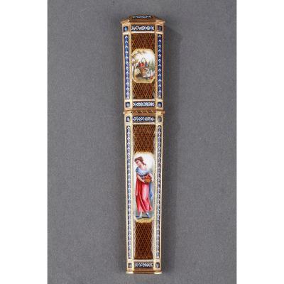Gold And Enamel Needle Case. Late 18th Century Swiss Work.