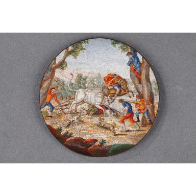 Early 19th Century Micromosaic Plaque. "furious Bull", Attributed To Luchini.