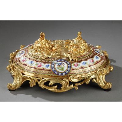 Mid-19th Century Gilt Bronze And Porcelain Inkwell.