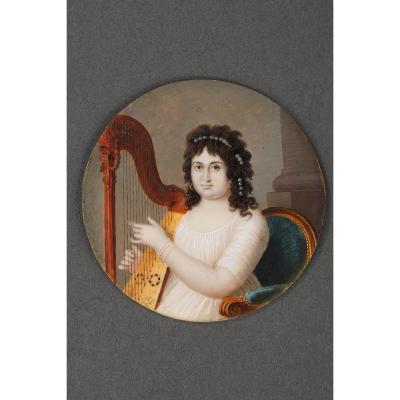 Miniature On Ivory "the Harpist". Circa 1800. 