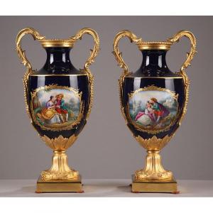 End Of 19th Century Pair Of Gilt Bronze And Porcelain Vases. 
