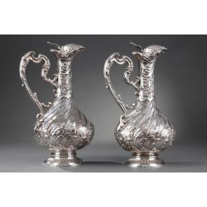 Late 19th Century Pair Of Ewers In Crystal And Silver Labat & Pugibet. 