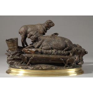 19th Century Patinated Bronze Inkwell. Jules Moigniez.