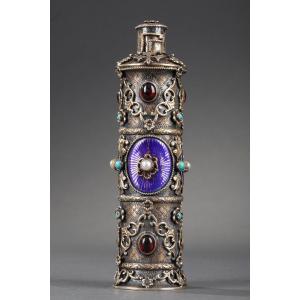 Austro-hungrian Perfume Bottle In Silver, Enamel And Gemstone.