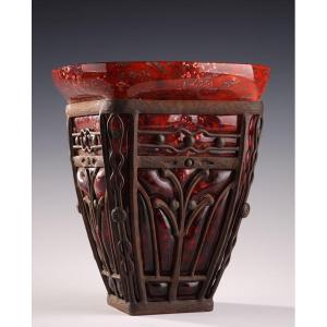 A Large Daum And Majorelle Glass And Wrought-iron Vase. Art Deco Period. 