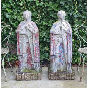 2 Large Knights In Molded Stone