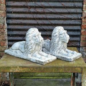 Pair Of Cute Reconstituted Stone Lions