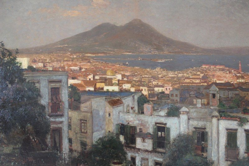 " Heinrich Hermanns " Dipinto raffigurante Veduta di Napoli, olio su tela -photo-3