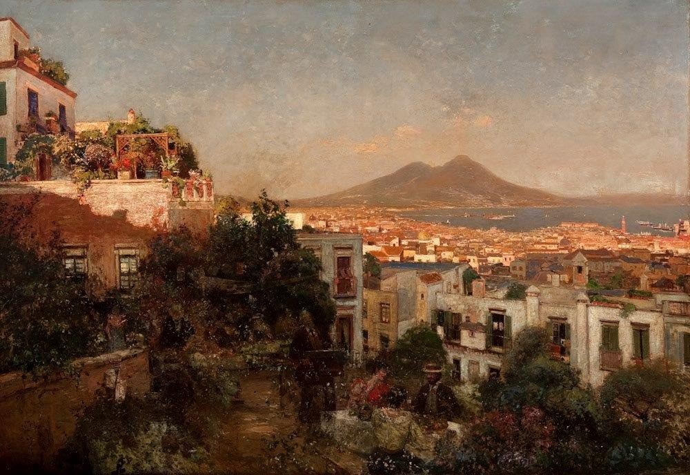 " Heinrich Hermanns " Dipinto raffigurante Veduta di Napoli, olio su tela -photo-4
