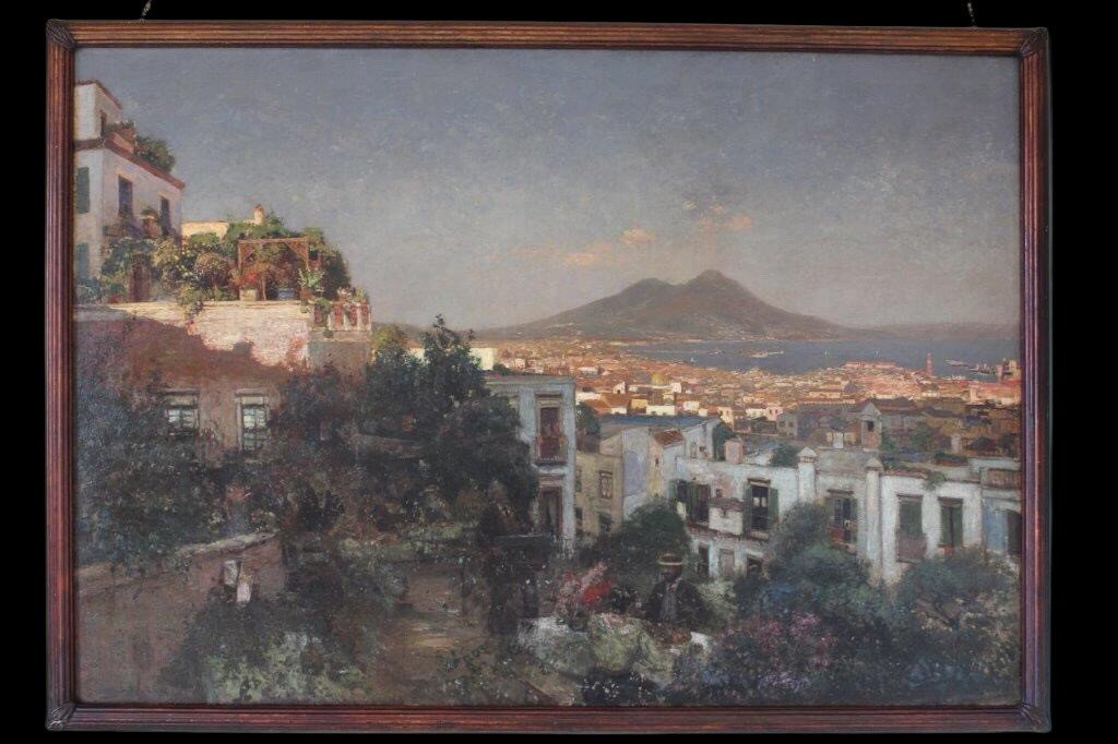 " Heinrich Hermanns " Dipinto raffigurante Veduta di Napoli, olio su tela 