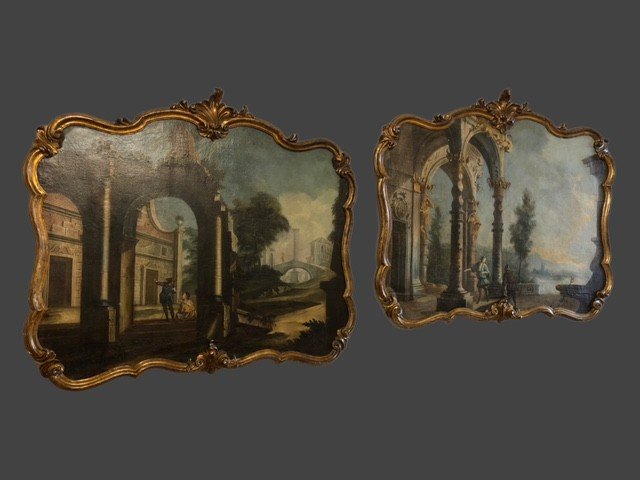 COPPIA DI DIPINTI RAFFIGURANTI CAPRICCI ARCHITETTONICI -photo-3