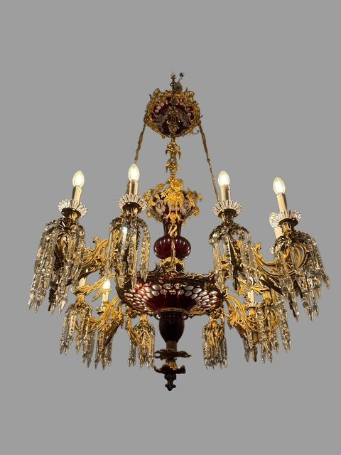 Importante lampadario in bronzo e cristallo-photo-2