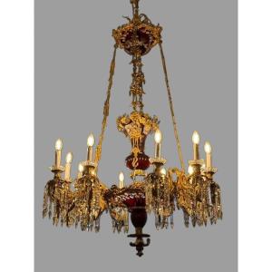 Importante lampadario in bronzo e cristallo
