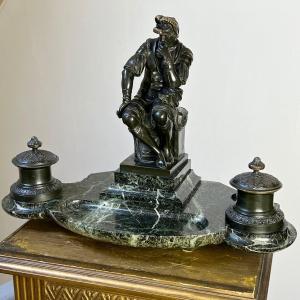 Inkwell Depicting Laurent De Medici Seated - Bronze And Marble