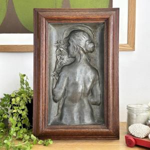 Georges De Kerveguen - "young Woman With Flowers" - Pewter Bas-relief
