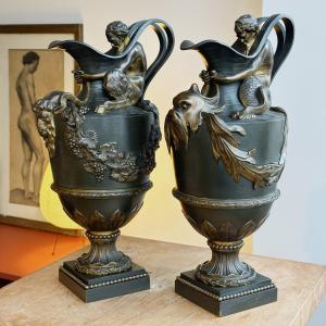Water And Wine Ewers - After Sigisbert-françois Michel - Patinated Bronze