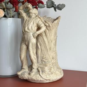 Paul Richer - Peasant Drinking, Leaning Against Sheaves Of Wheat - Original Terracotta