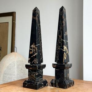 Pair Of Obelisks In Portor Marble - Italian Work