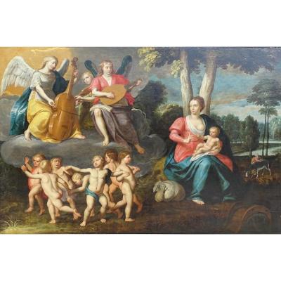 Ècole Flamande Du XVII Siècle, La Vierge à l'Enfant Entourée d'Angelots Et Anges Musiciens