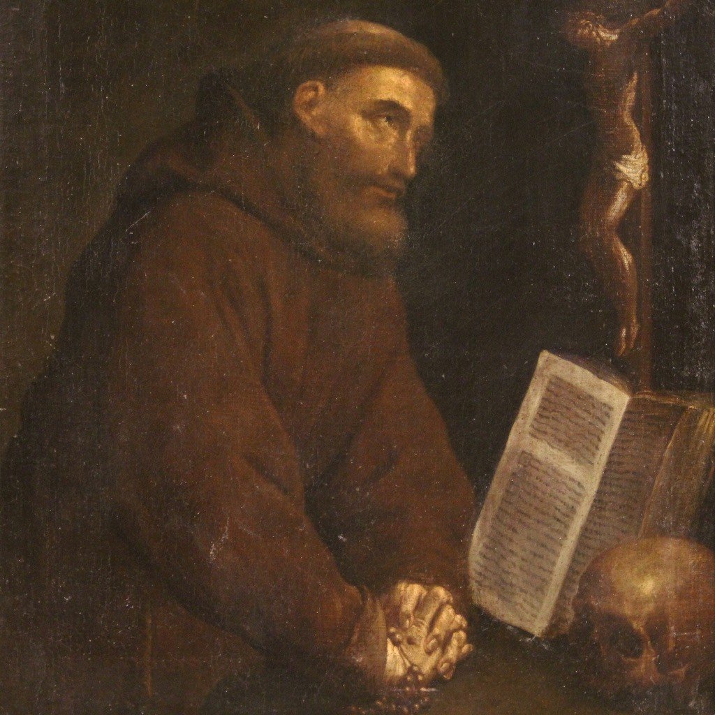 Antico dipinto italiano del XVII secolo, San Francesco-photo-2
