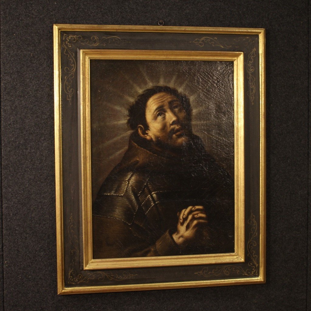 Antico dipinto religioso San Francesco in estasi del XVIII secolo-photo-3