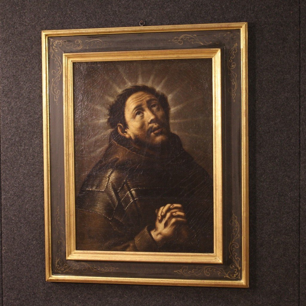 Antico dipinto religioso San Francesco in estasi del XVIII secolo-photo-7