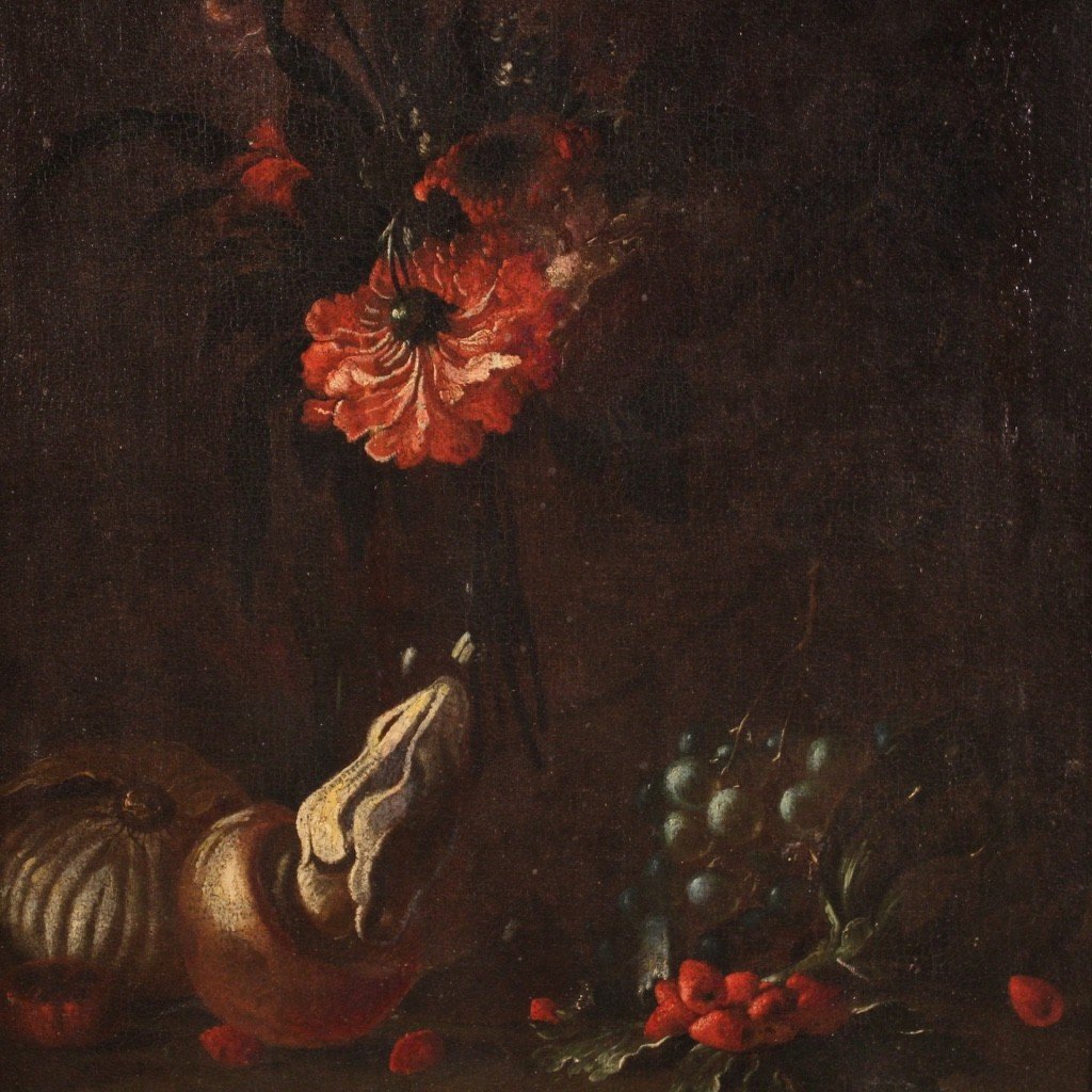 Antica natura morta con fiori e frutta del XVII secolo-photo-2