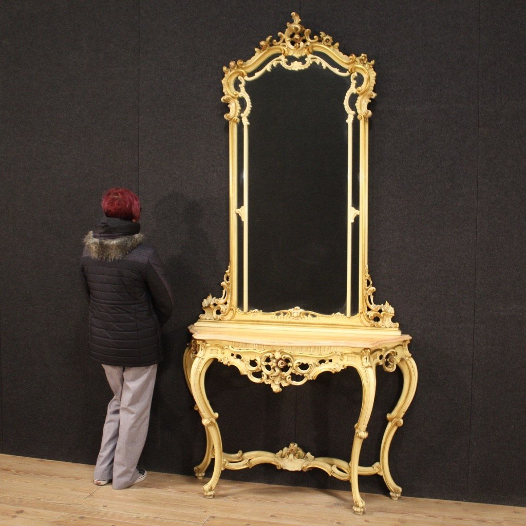 Grande console con specchiera laccata in stile Luigi XV-photo-2
