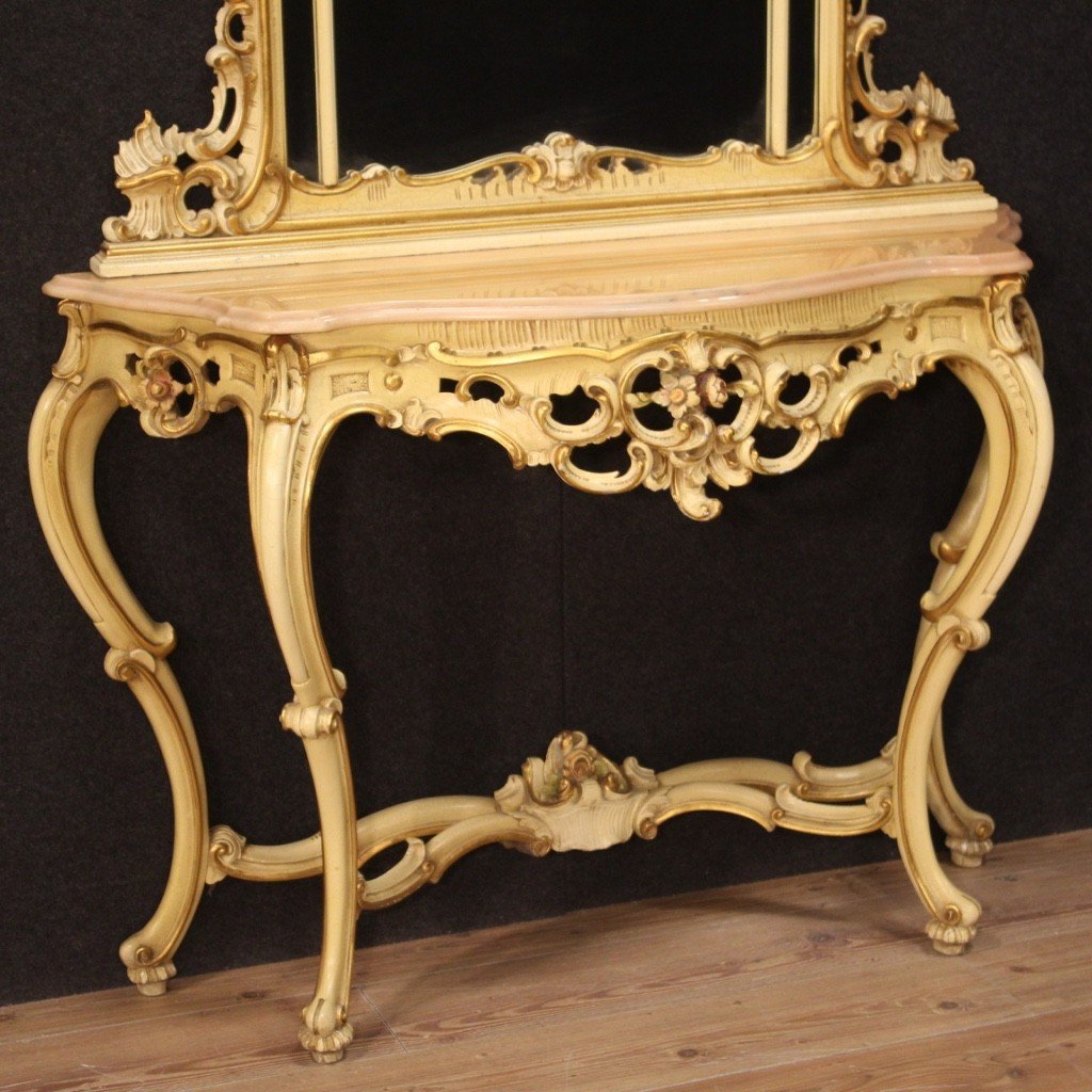 Grande console con specchiera laccata in stile Luigi XV-photo-2