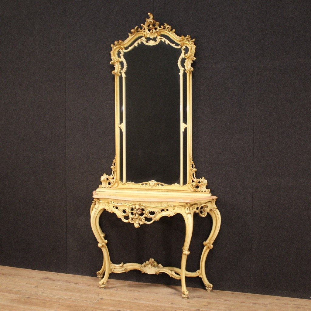 Grande console con specchiera laccata in stile Luigi XV-photo-5