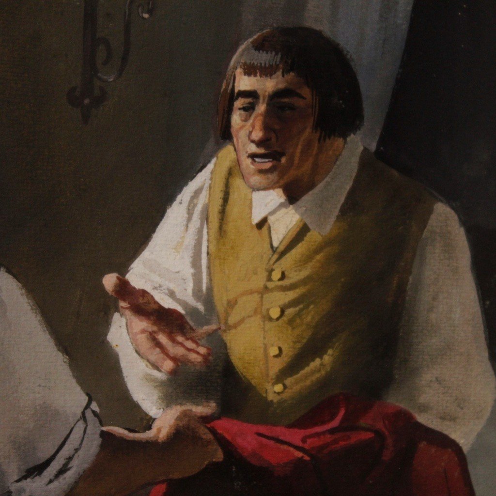Dipinto italiano scena d'interno con personaggi del XX secolo-photo-2