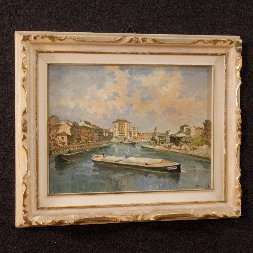 Dipinto italiano firmato paesaggio veduta di fiume con barche-photo-2