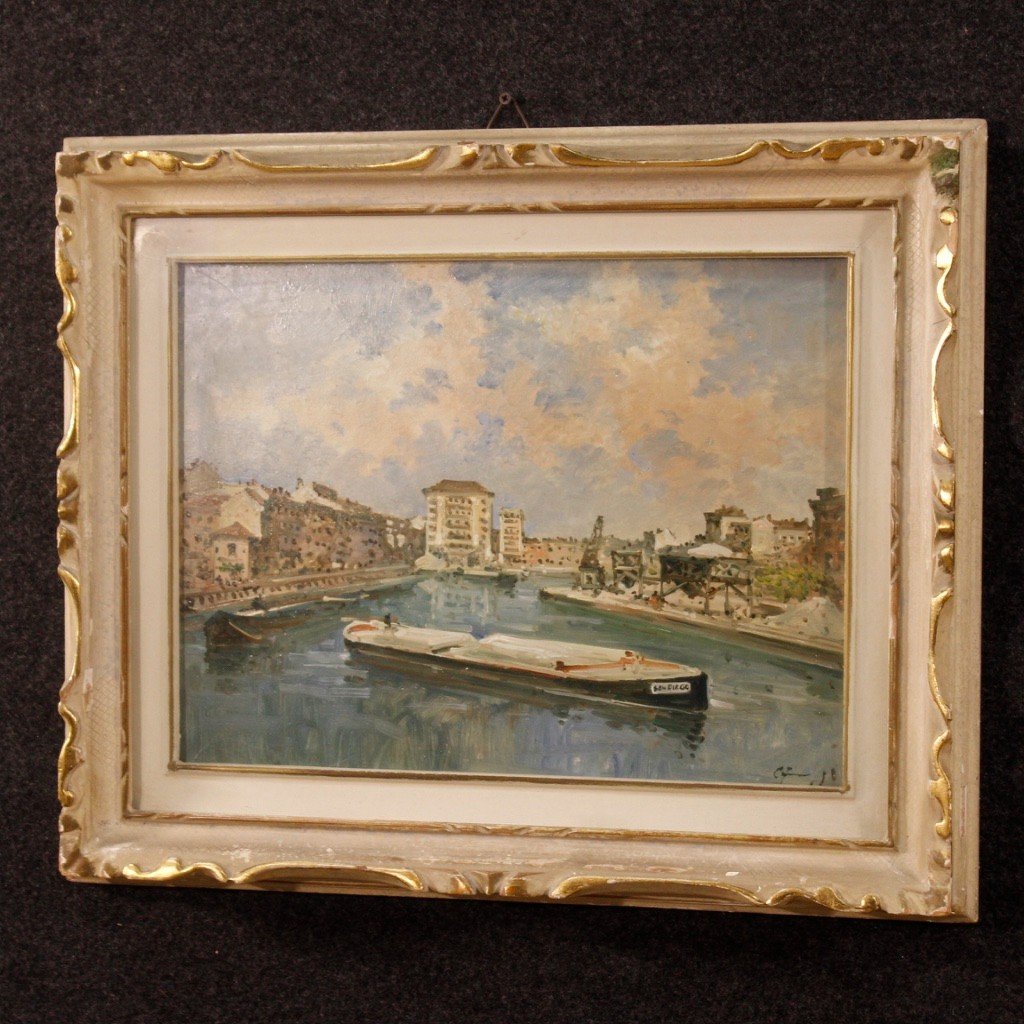 Dipinto italiano firmato paesaggio veduta di fiume con barche-photo-2