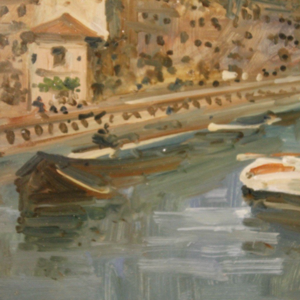 Dipinto italiano firmato paesaggio veduta di fiume con barche-photo-3