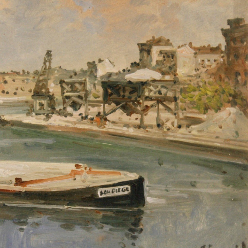Dipinto italiano firmato paesaggio veduta di fiume con barche-photo-4