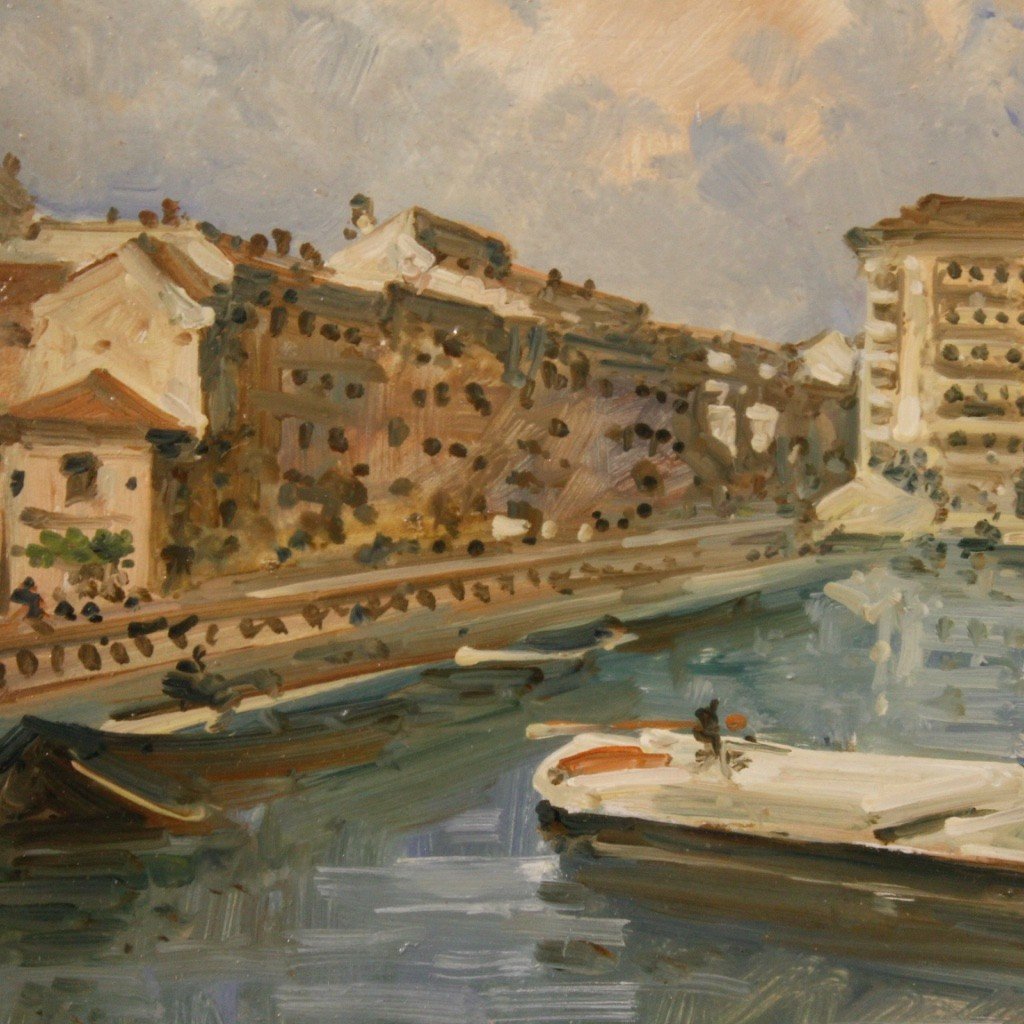 Dipinto italiano firmato paesaggio veduta di fiume con barche-photo-6