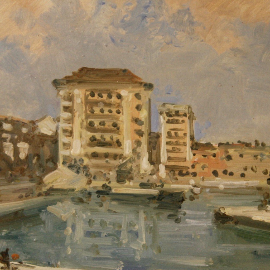 Dipinto italiano firmato paesaggio veduta di fiume con barche-photo-8