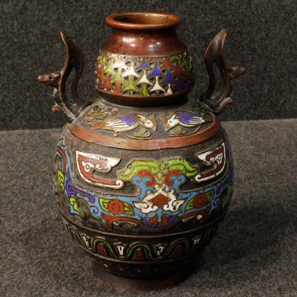 Coppia di vasi orientali in metallo del XX secolo-photo-2
