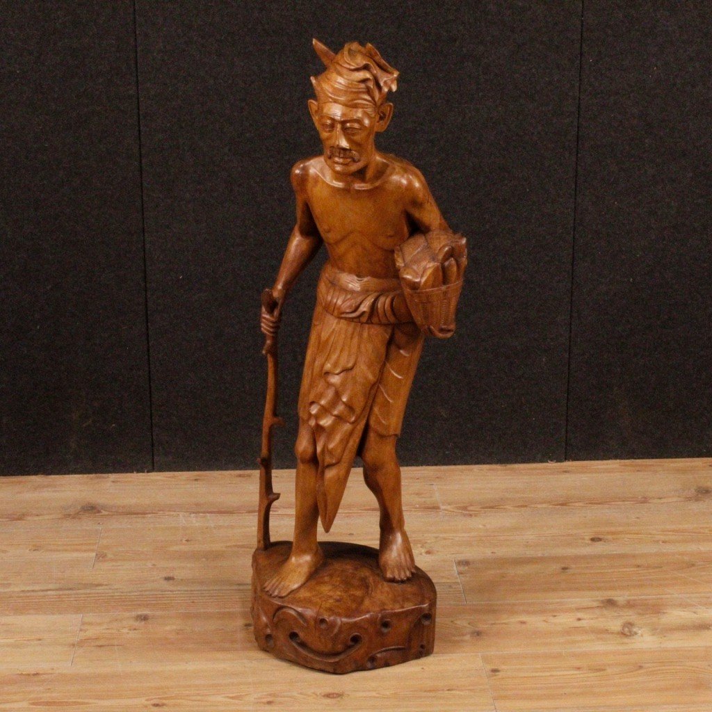 Scultura indiana personaggio in legno esotico del XX secolo-photo-3