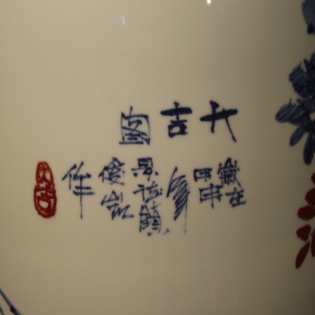 Vaso cinese in ceramica dipinta con galli e decori floreali-photo-4