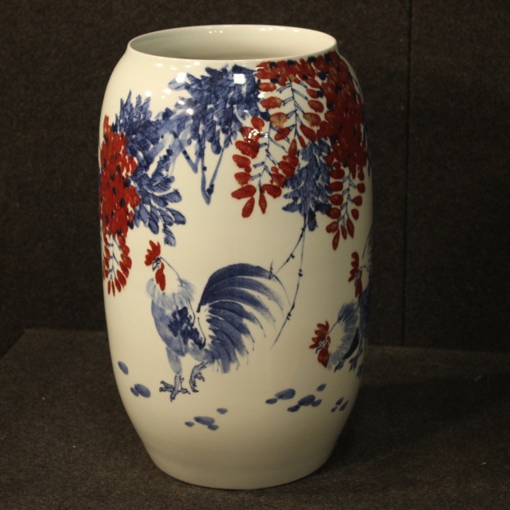 Vaso cinese in ceramica dipinta con galli e decori floreali-photo-3
