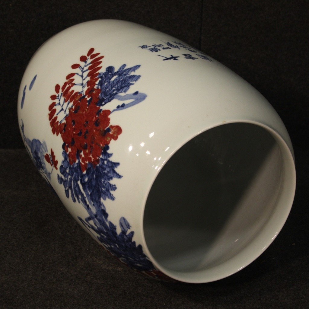 Vaso cinese in ceramica dipinta con galli e decori floreali-photo-7