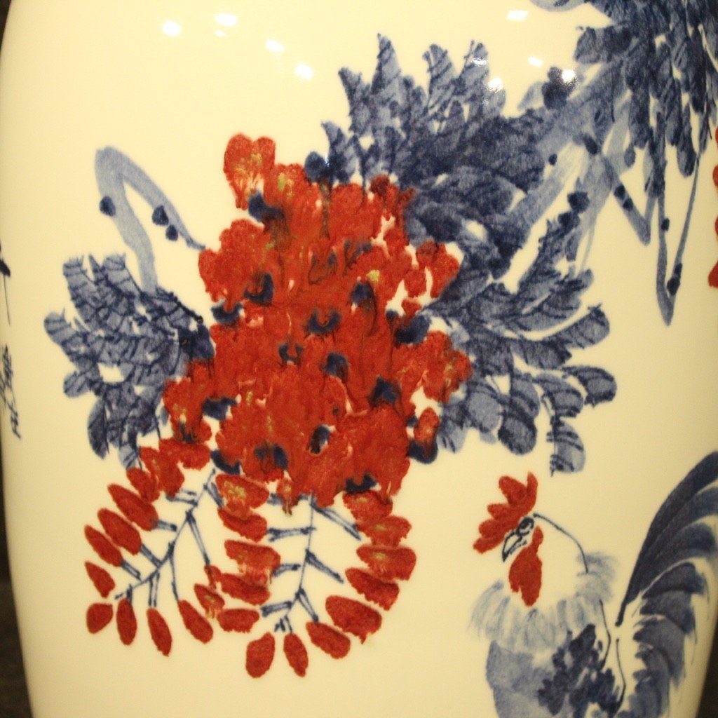 Vaso cinese in ceramica dipinta con galli e decori floreali-photo-8