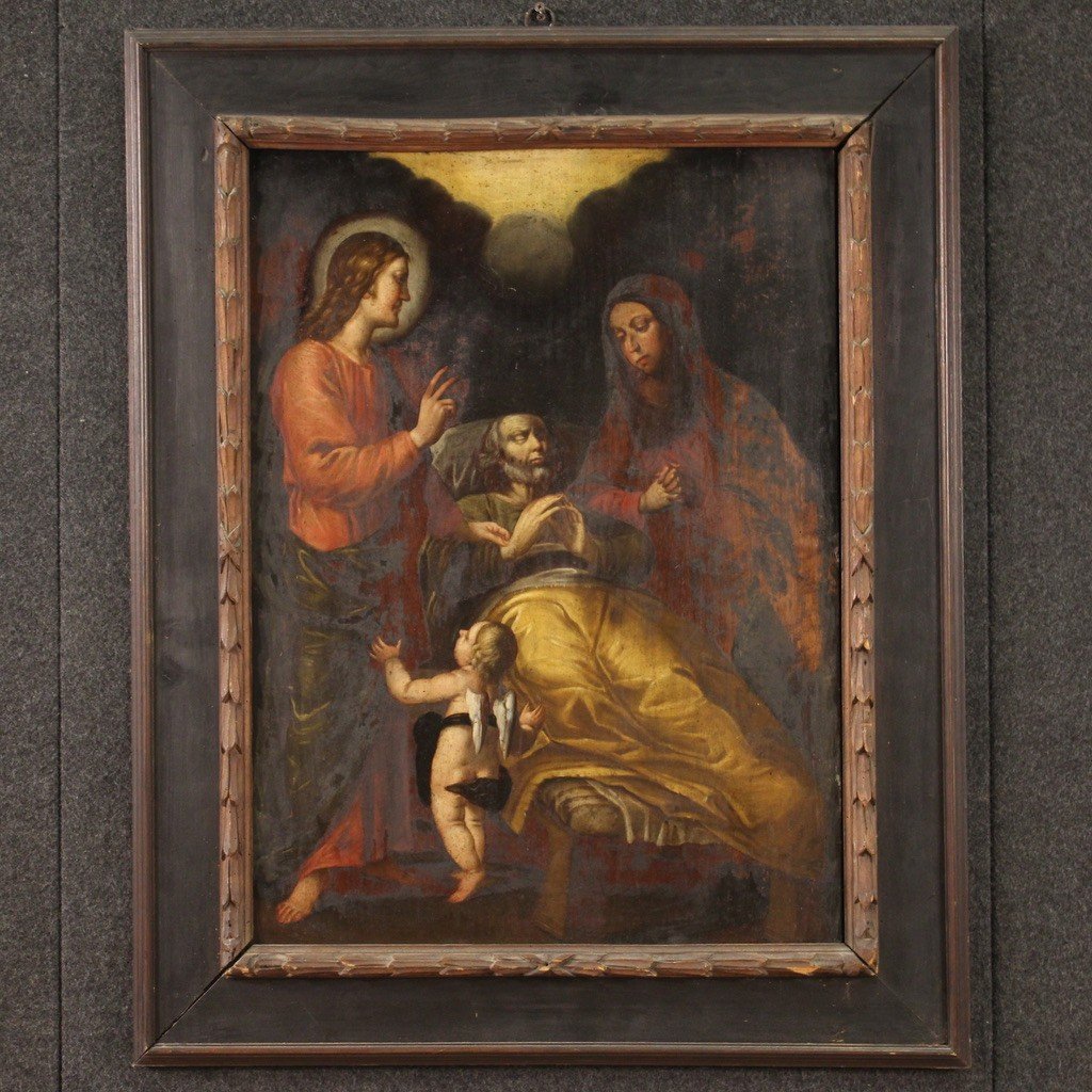 Antico dipinto religioso del XIX secolo, la morte di Giuseppe