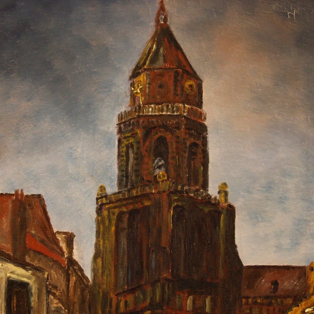 Dipinto olandese firmato Veduta di cattedrale del XX secolo-photo-2