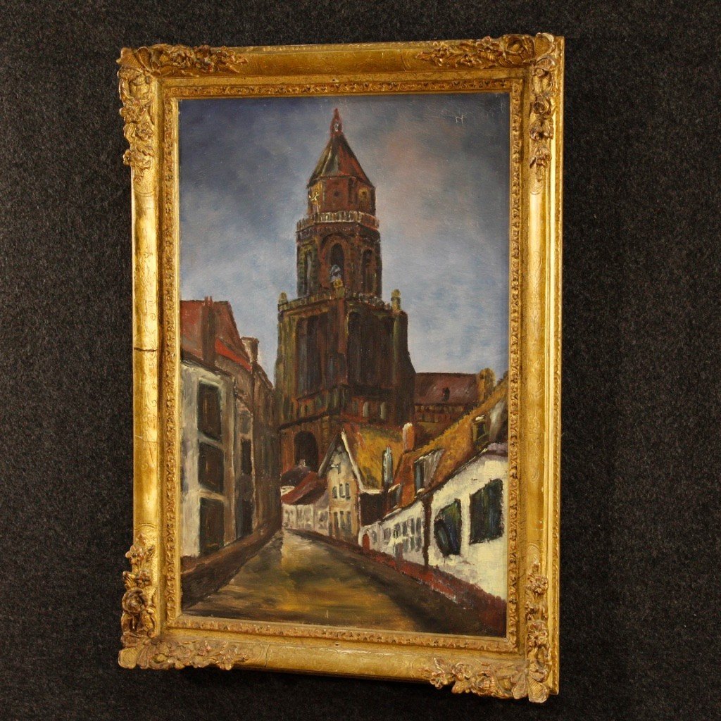 Dipinto olandese firmato Veduta di cattedrale del XX secolo-photo-2